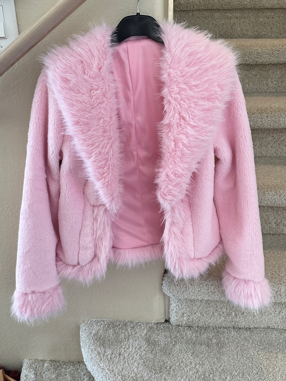 Chic, Vintage and Classic Pink Faux Fur Trim Coat